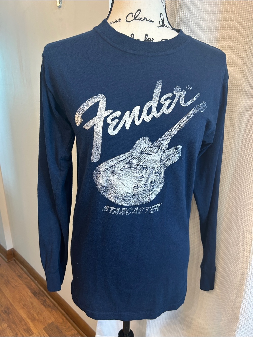 Fender Navy Long Sleeve Tee with White Guitar Graphic Unisex, Small